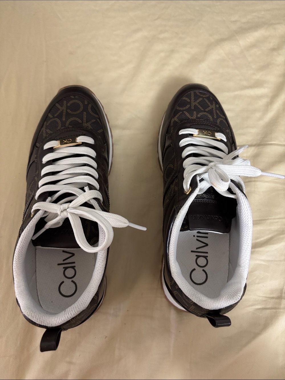 Calvin Klein Men’s Dark Brown Monogram Lace-Up Sneakers with White Accents